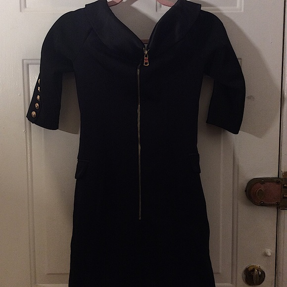 Open Shoulder Black Dress with decorative buttons - Picture 3 of 7
